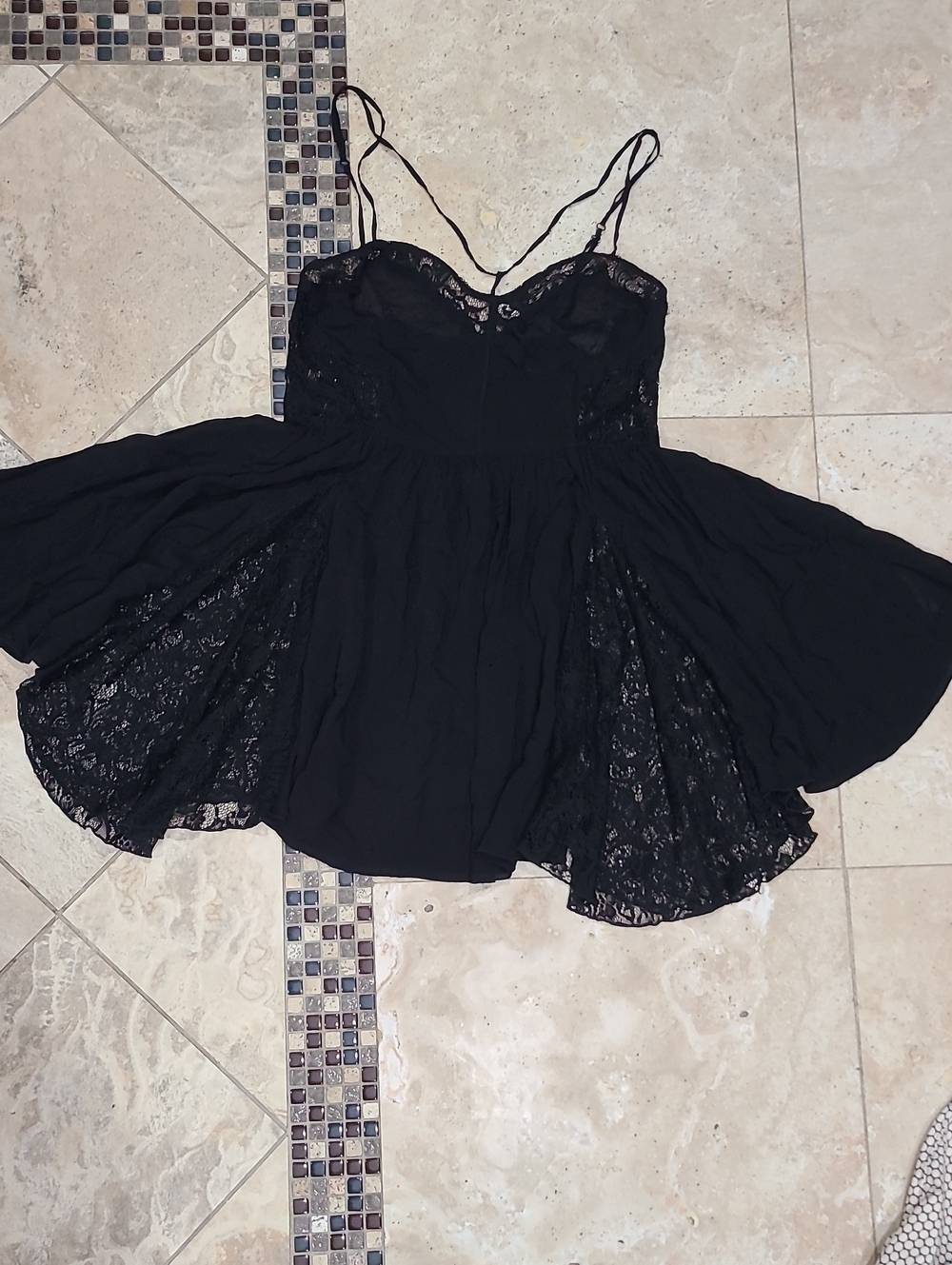 Free People Black Lace-Panel Mini Dress with Spaghetti Straps NWOT